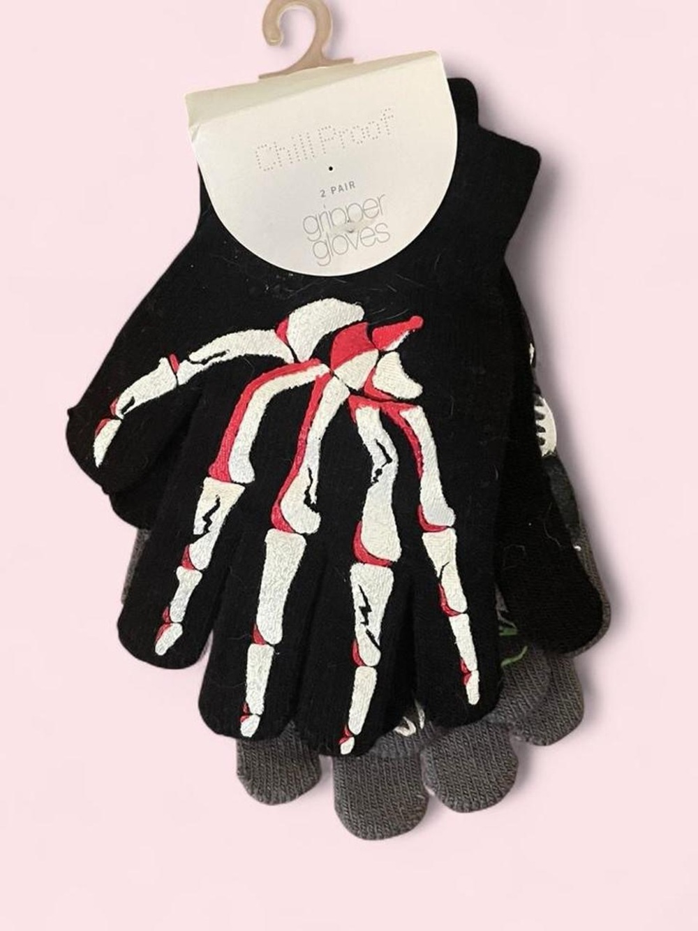 2 Pair Winter Gripper Gloves. Red & White Skeleton Design, Gray With Spiders
